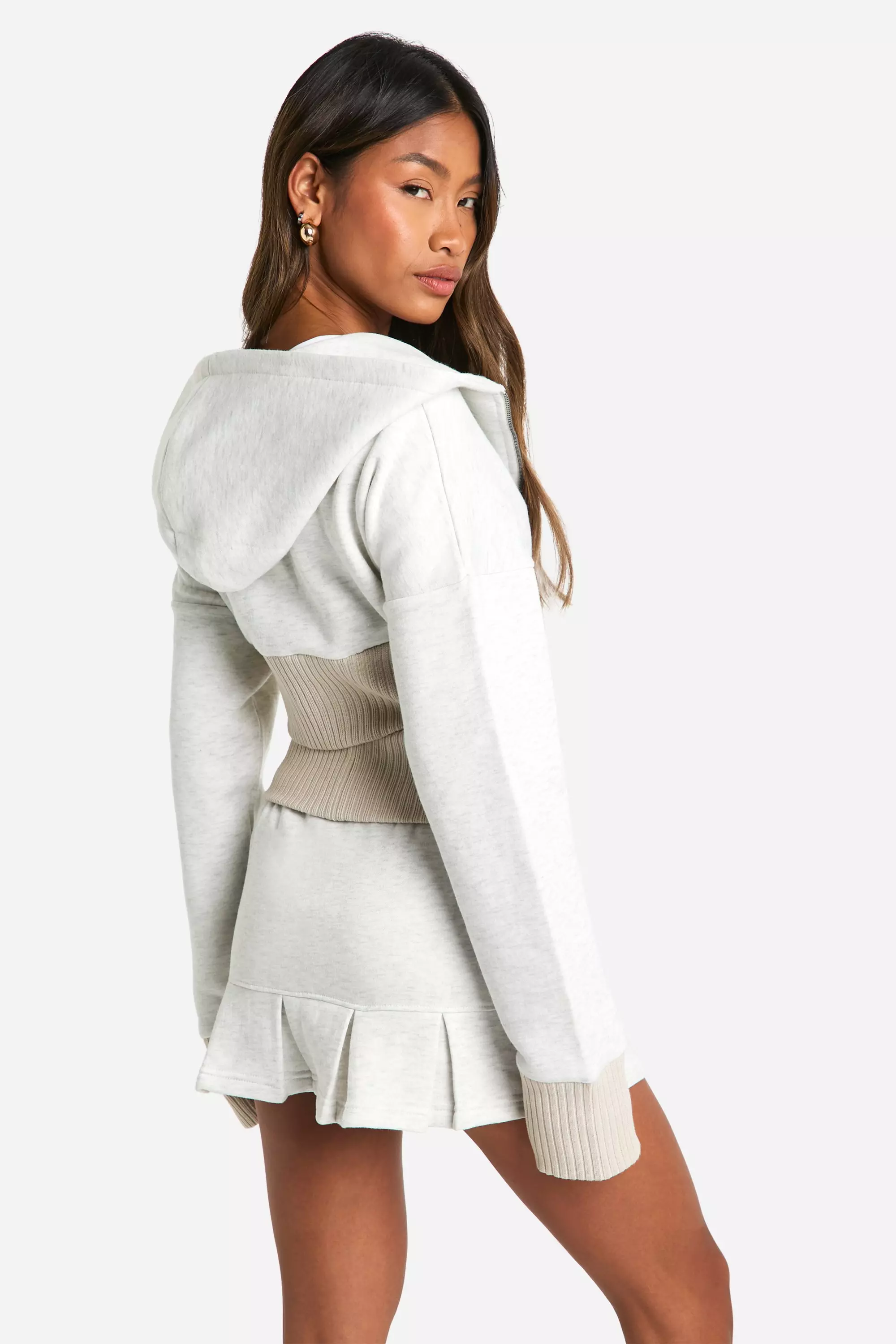 Contrast Ribbed Super Crop Hoodie And Mini Tennis Skirt Set